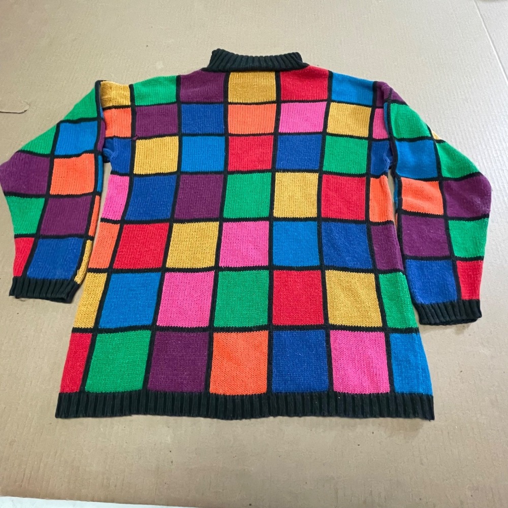 Vintage Rafaella Geometric Rainbow Grid Knit Sweater Petite S Kidcore Patchwork - Picture 10 of 12